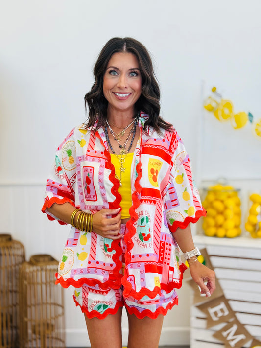 Orange Multi Fruits Ric Rac Trim Shirt (Reg)