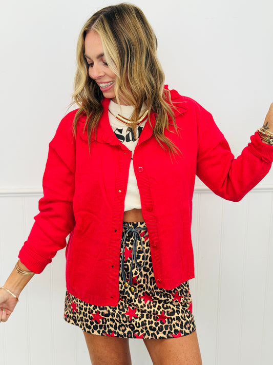 Red Ruffle Collar Button Down Cardigan (Reg. and Plus)
