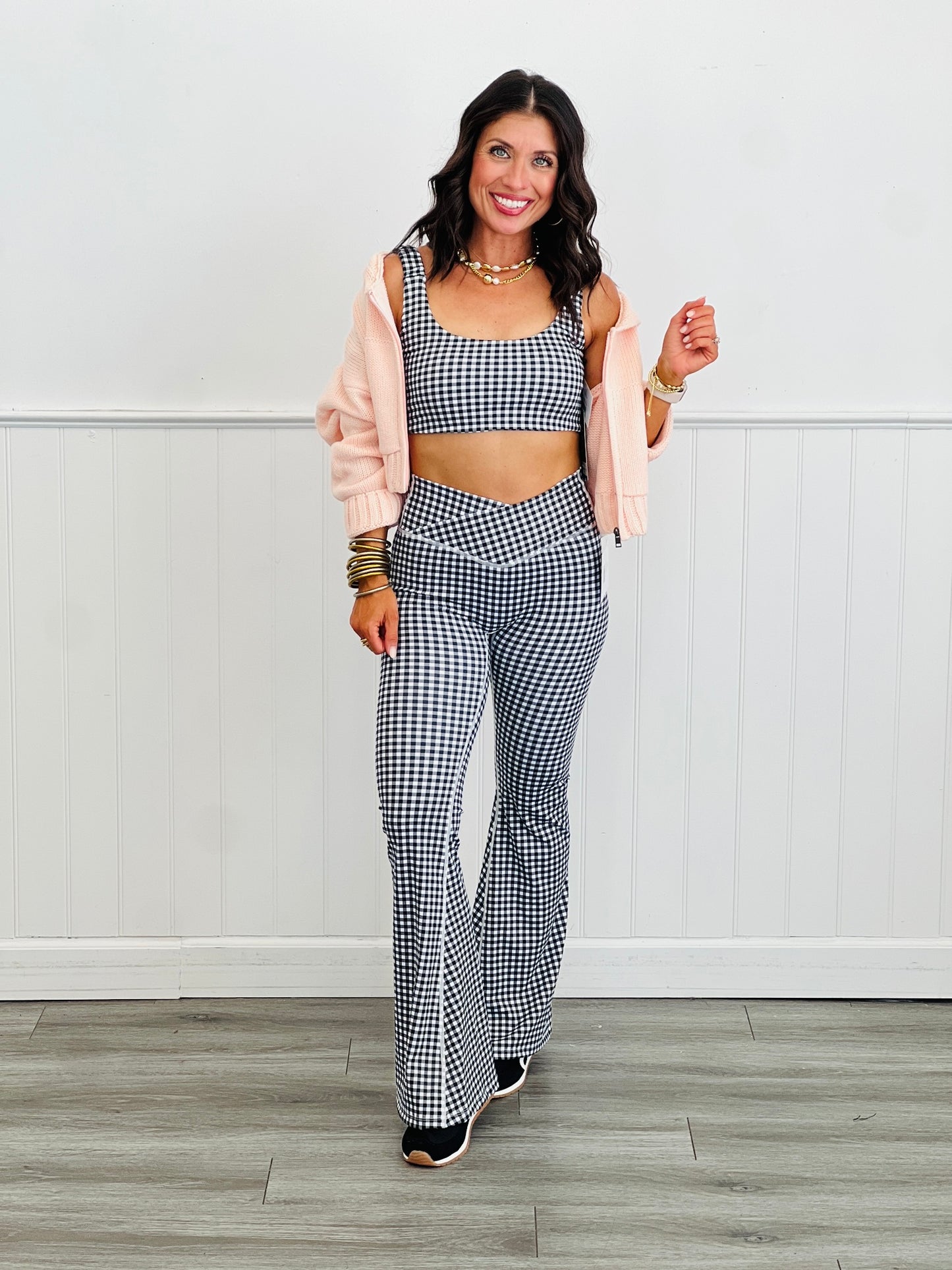 Black Gingham Print Crossover Waist Leggings (Reg.)