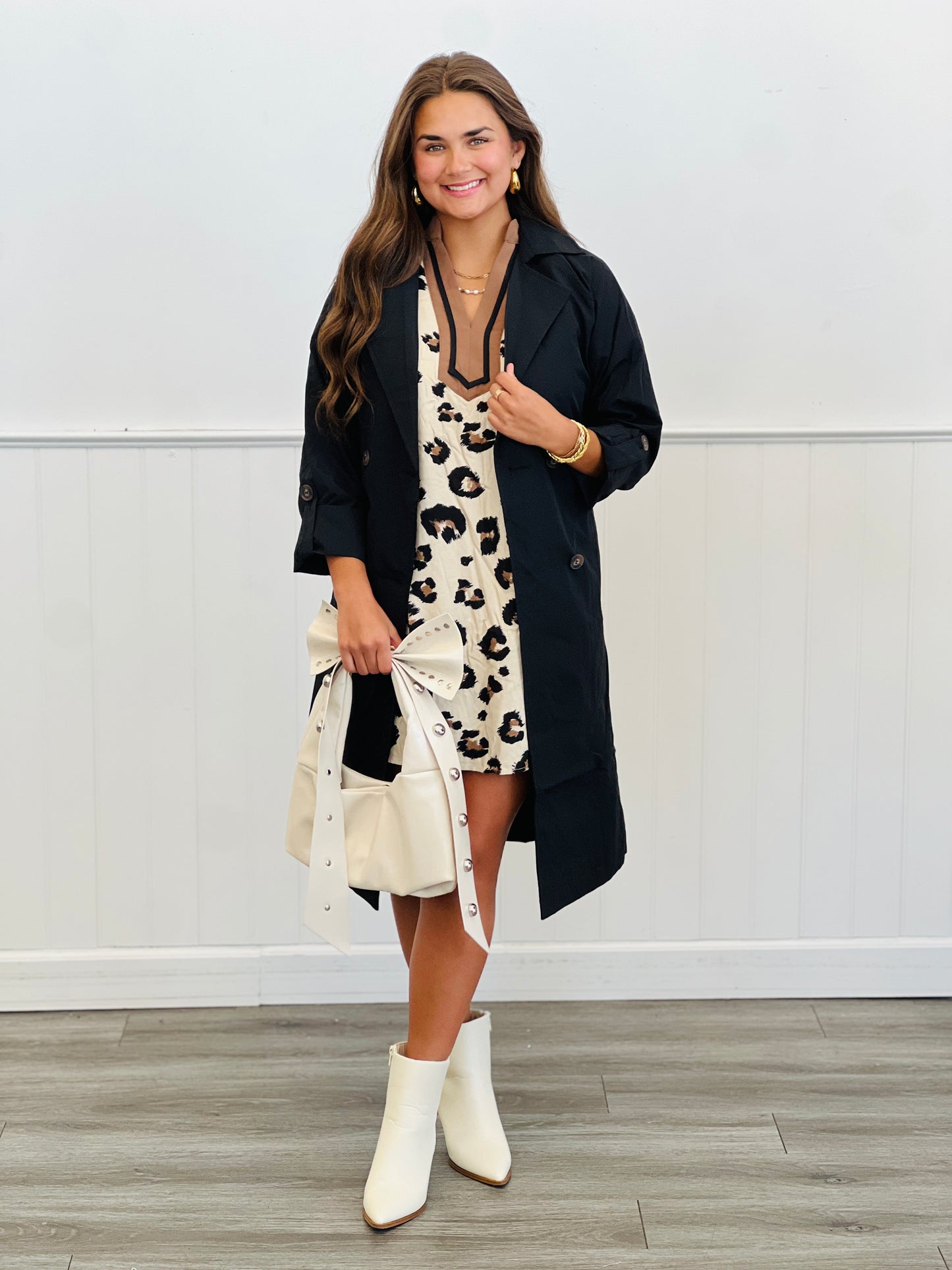 Leopard Print Contrast Neck Mini Dress (Reg & Plus)