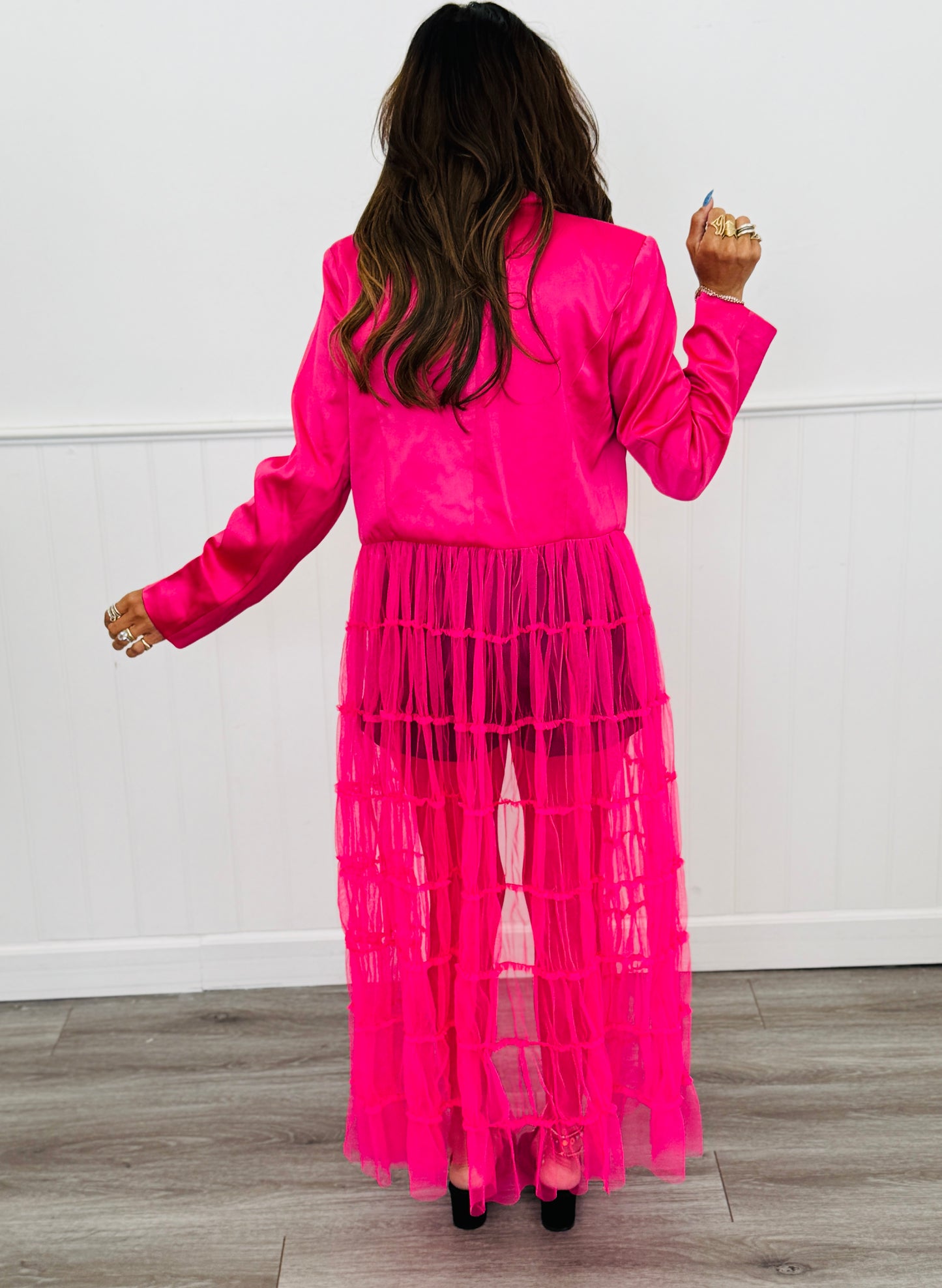 Hot Pink Satin Sheer Maxi Hem Blazer (Reg & Plus)
