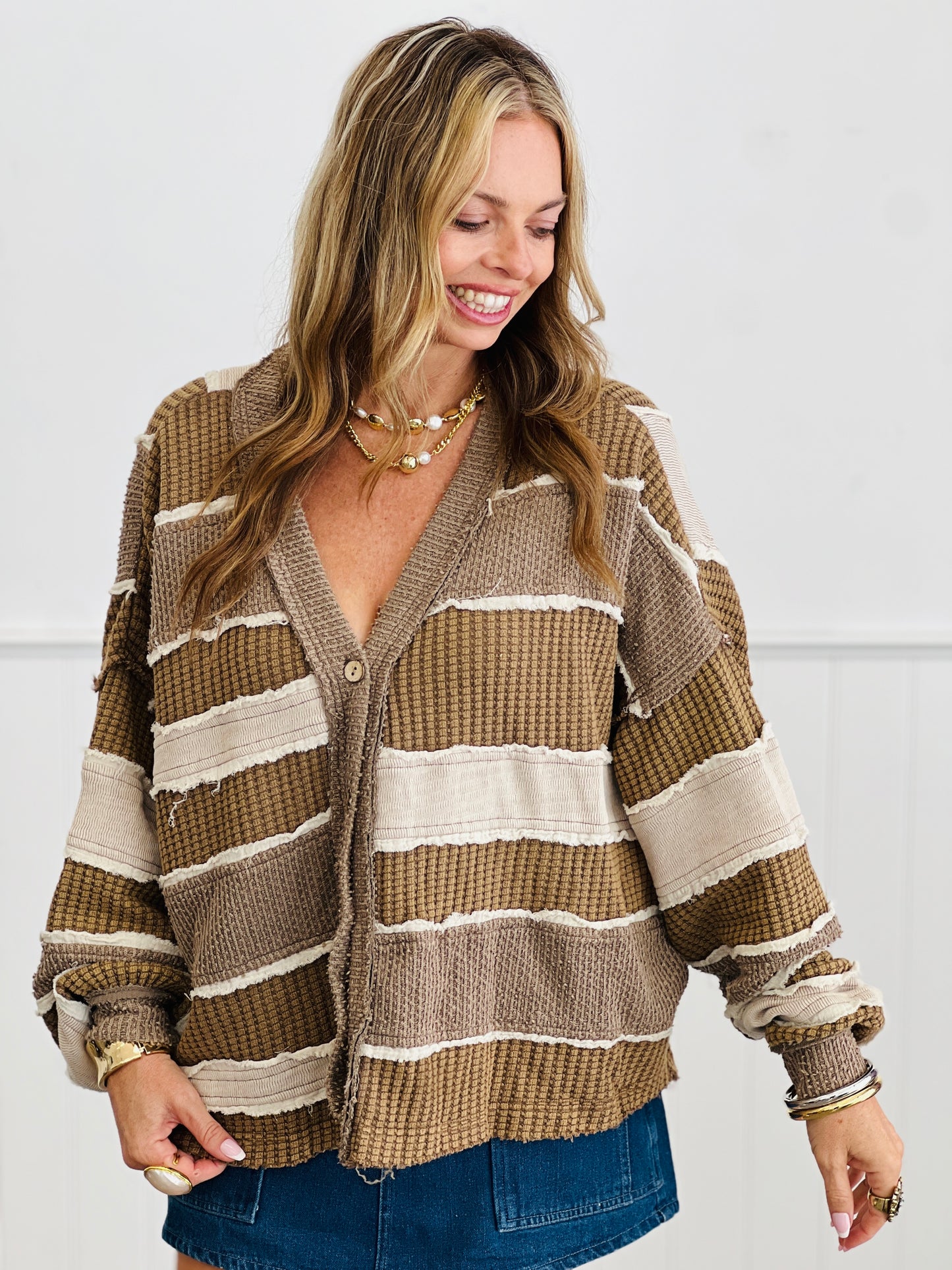 Oli & Hali Brown Combo Color Block Patchwork Cardigan (Reg.)