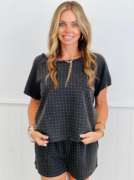Black Rhinestone Short Sleeve Top & Shorts Set (Reg. and Plus)