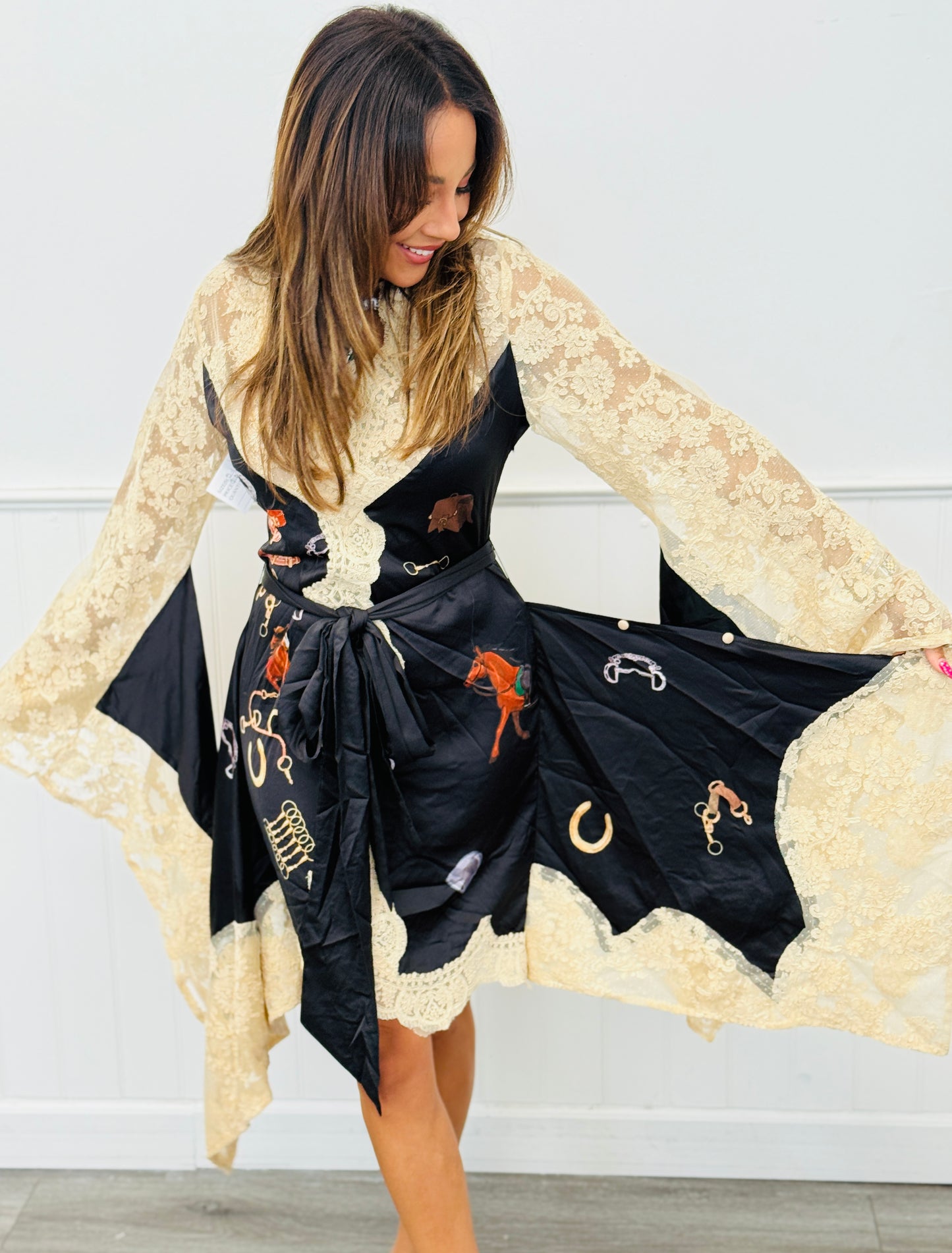 Black Western Lace Print Midi Dress (Reg.)