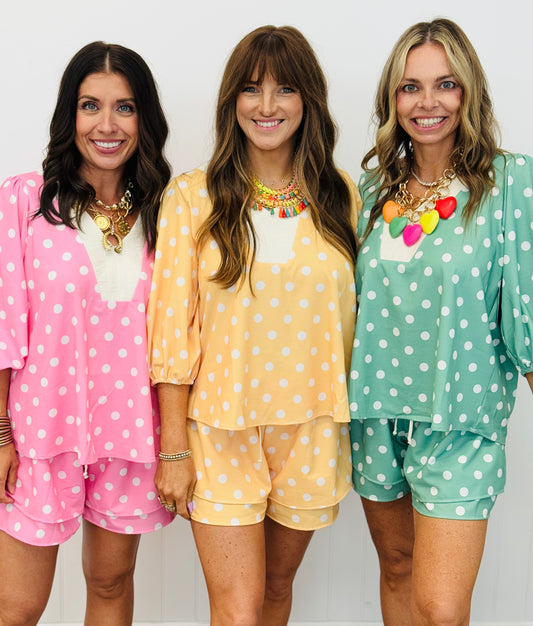 Polka Dot Contrast V-Neck Blouse (Reg. and Plus) - 3 Colors