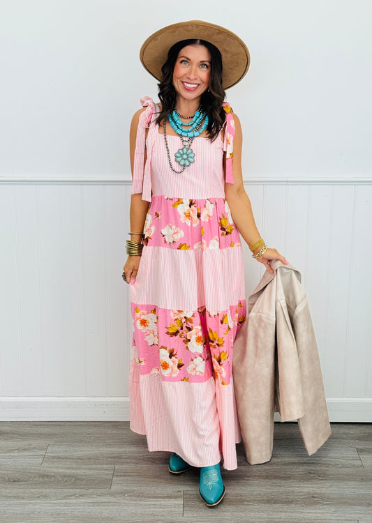 Pink Stripe Combo Floral Contrast Maxi Dress (Reg. and Plus)