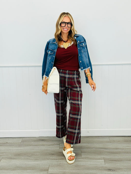Burgundy Plaid Wide Leg Pants (Reg.)