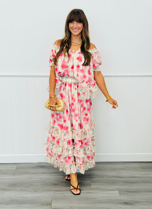 Pink Multi Blurred Floral Maxi Skirt Set (Reg & Plus)