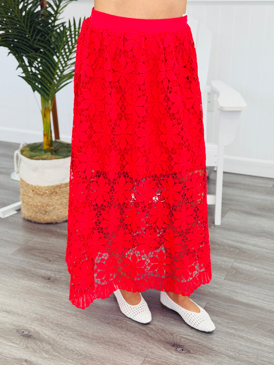 Tomato Red Lace Scalloped Midi Skirt (Reg.)