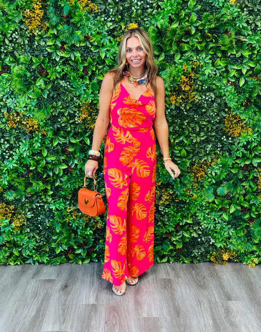 Fuchsia Tropical Leaf Halter Jumpsuit (Reg.)
