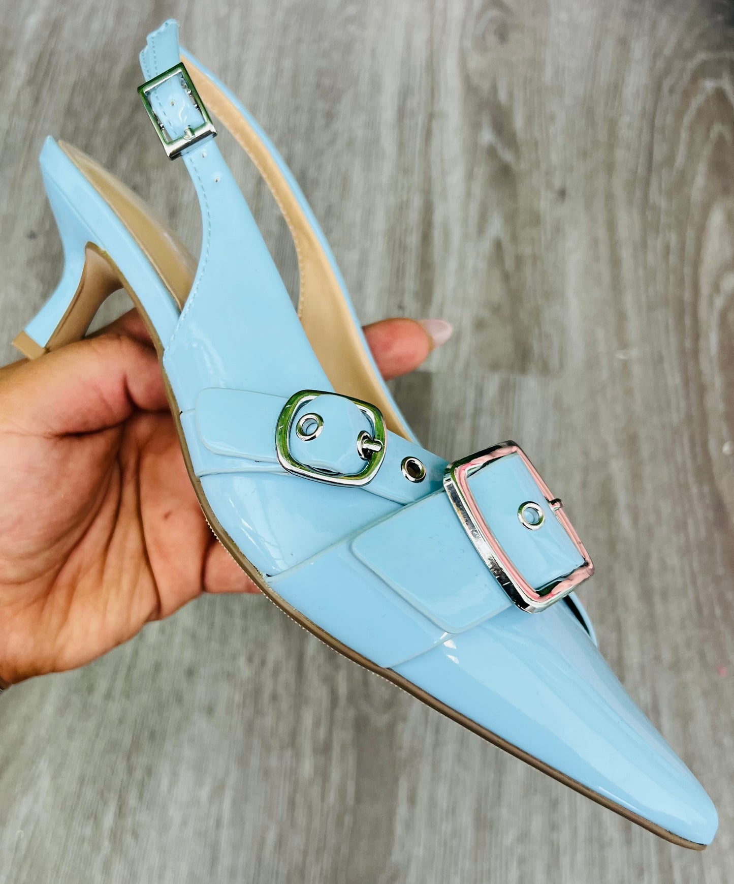 Lt Blue Patent Take Me Away Kitten Heels