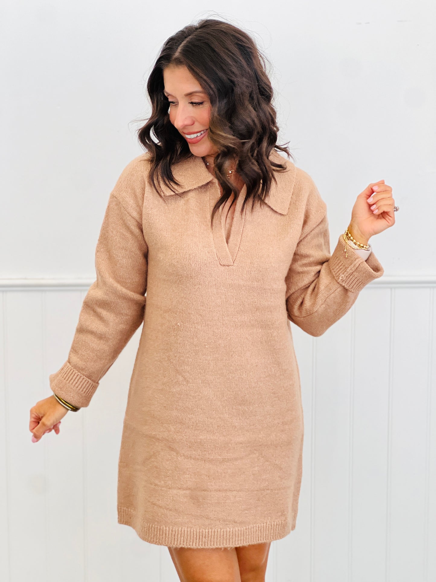 Taupe Polo V-Neck Mini Sweater Dress (Reg.)