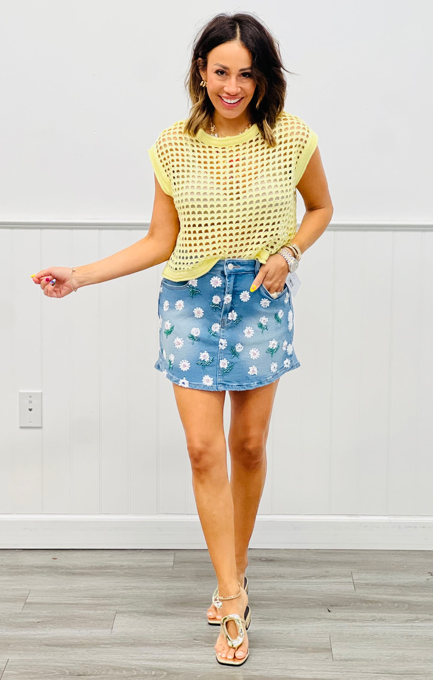 Lemon Open Knit Sleeveless Top & Midi Skirt Set (Reg.)