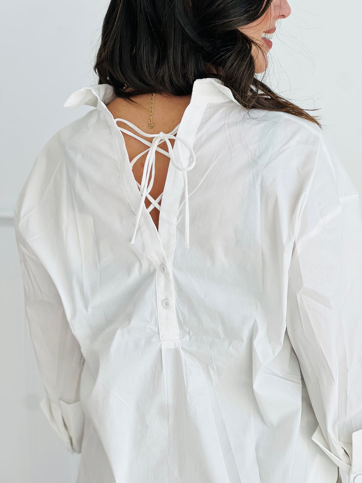 Off White Loose Fit Back Button Down Top (Reg. and Plus)