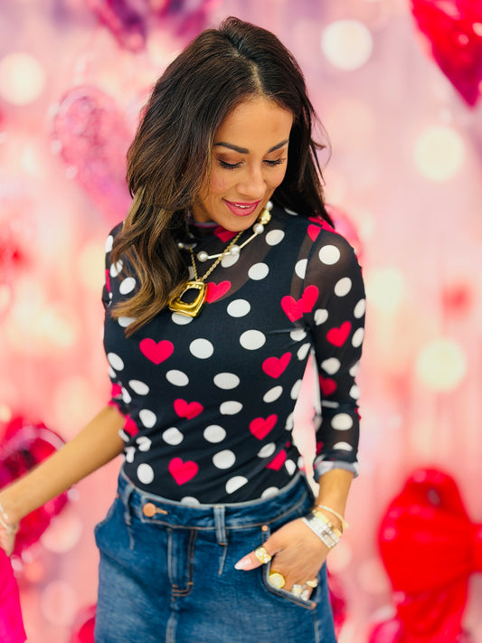 Black Hearts & Dots LS Mesh Top (Reg. and Plus)