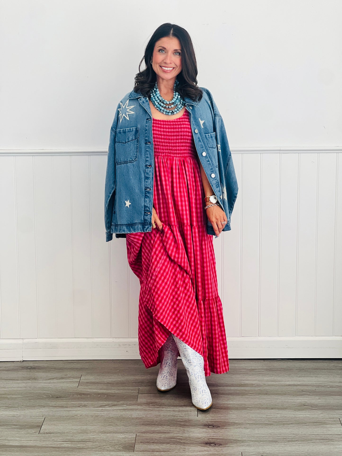 Fuchsia Multi Gingham Tiered Maxi Dress (Reg & Plus)