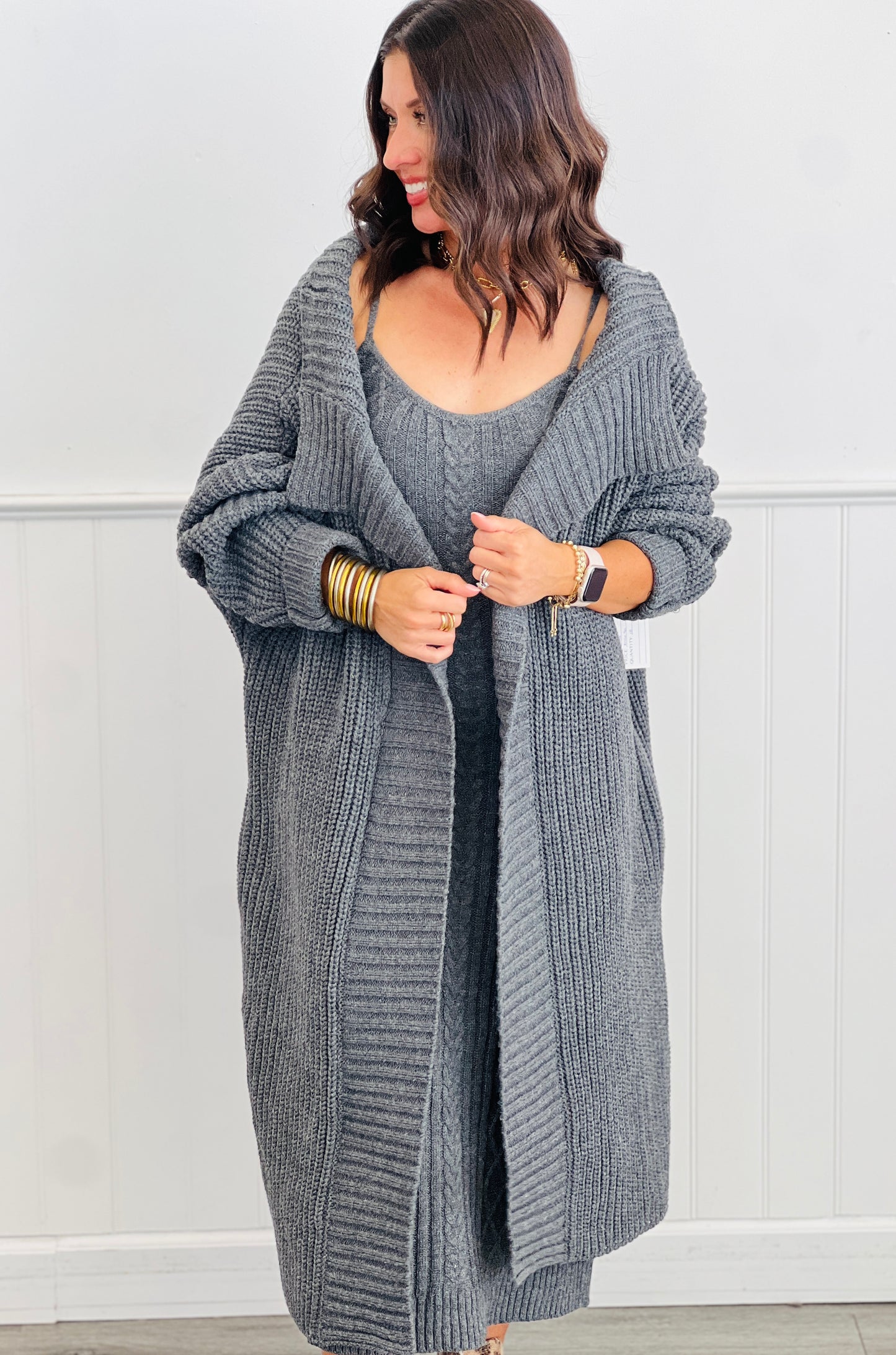 Grey Maxi Sweater Dress & Cardigan Set (Reg & Plus)
