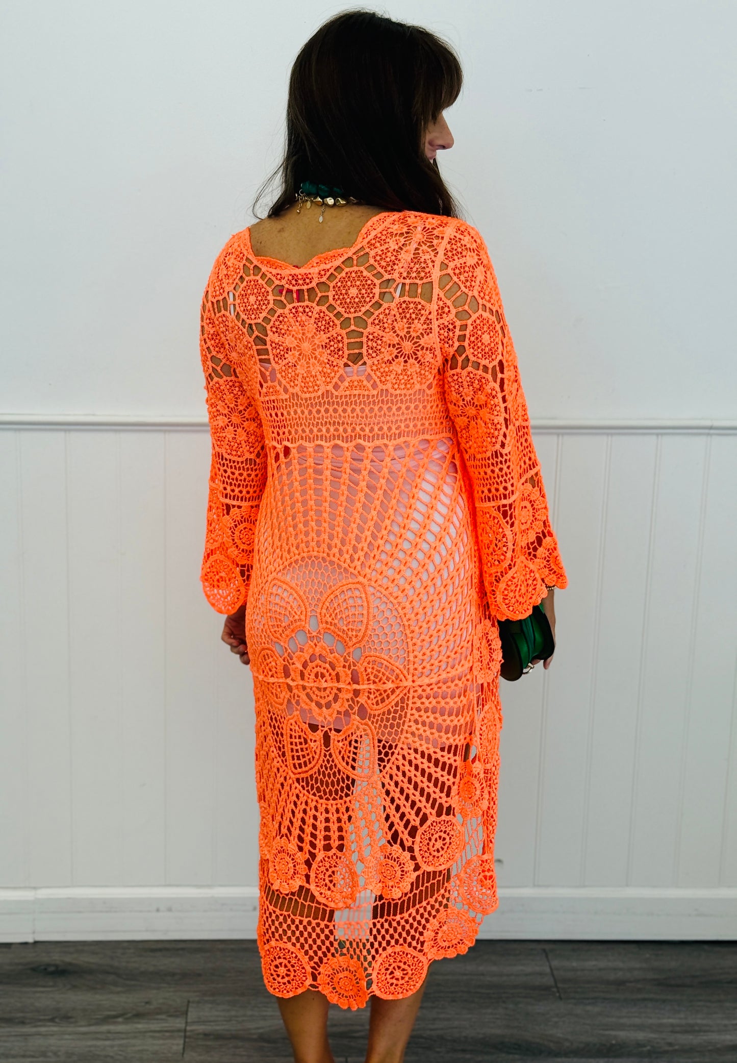 Neon Orange Crochet Knit Cover Up Dress (One Size)