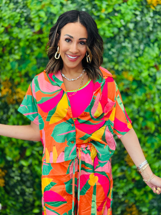 Tropical Orange Floral Satin Shirt (Reg.)
