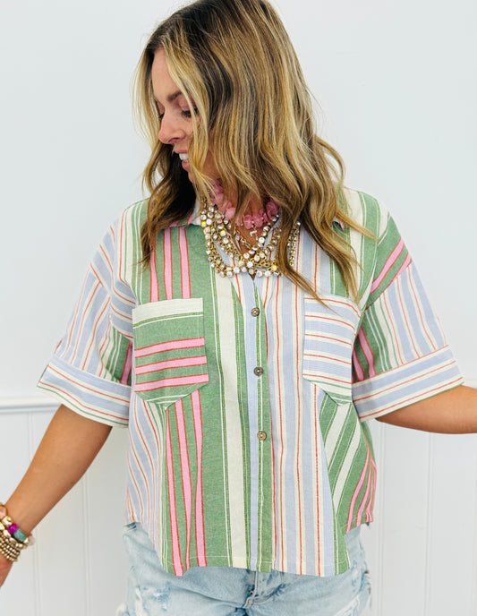 Olive Multi Stripe Button Down Shirt (Reg. and Plus)