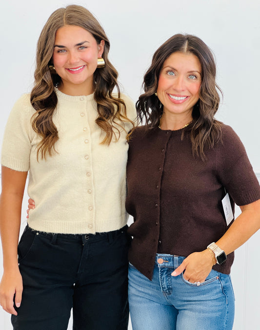 Short Sleeve Button Up Cardigan Top (Reg.)-2 Colors