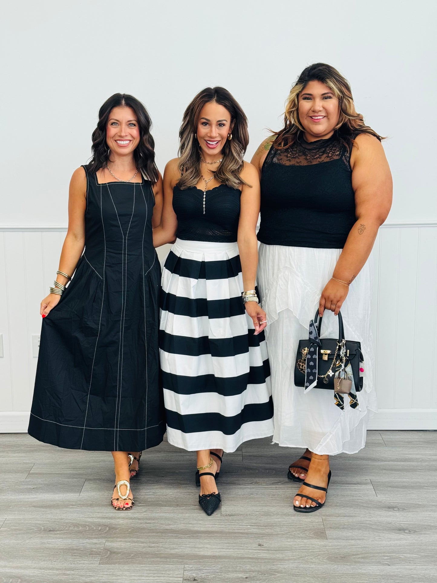 White/Black Bold Stripe Box Pleat Midi Skirt (Reg.)