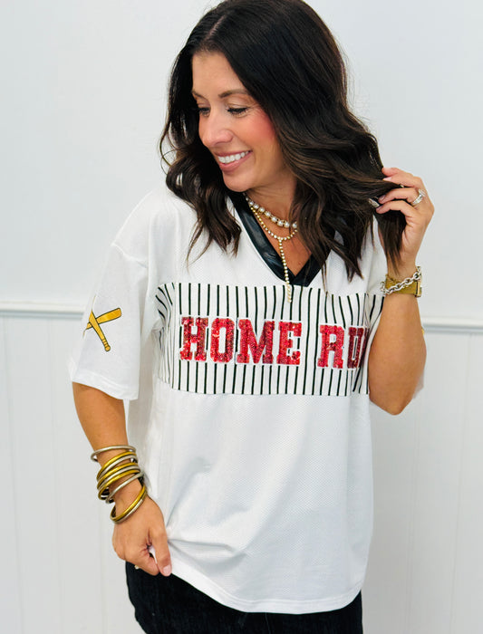 White Home Run Sequin Jersey Top (Reg. and Plus)
