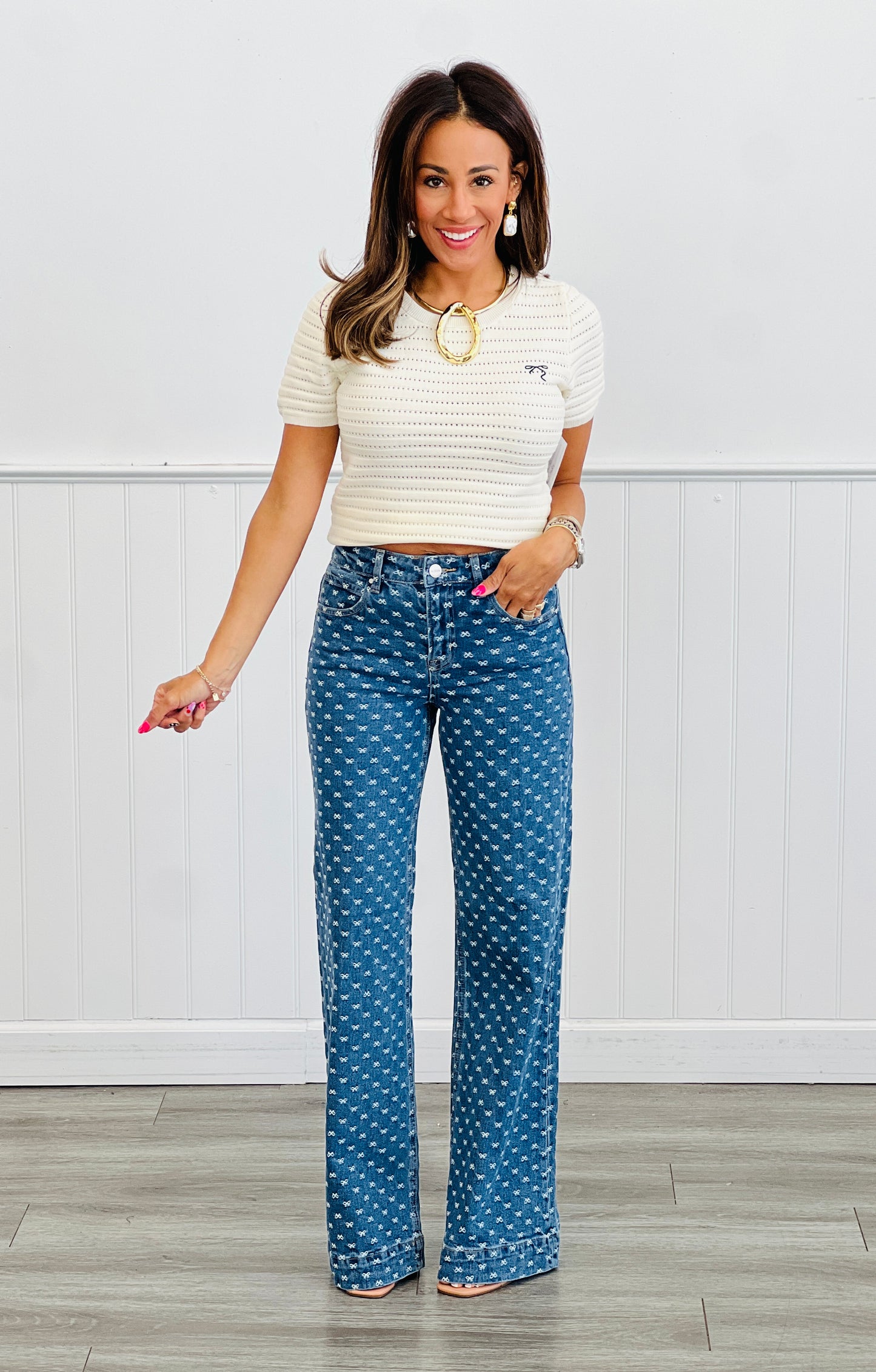 Risen Dark Tied Up In Style Tiny Bow Embroidered Jeans (Reg & Plus)