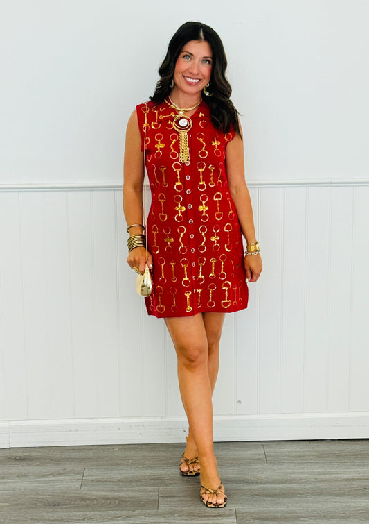 Queen Of Sparkles Red & Gold Horse Bit Knit Mini Dress (Reg. & Plus)