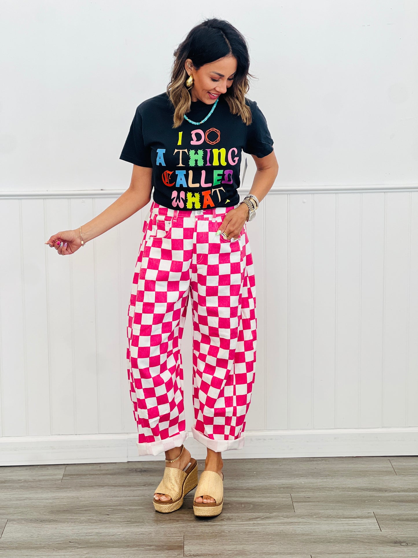 Pink Checkered Print Denim Barrel Pants (Reg. and Plus)