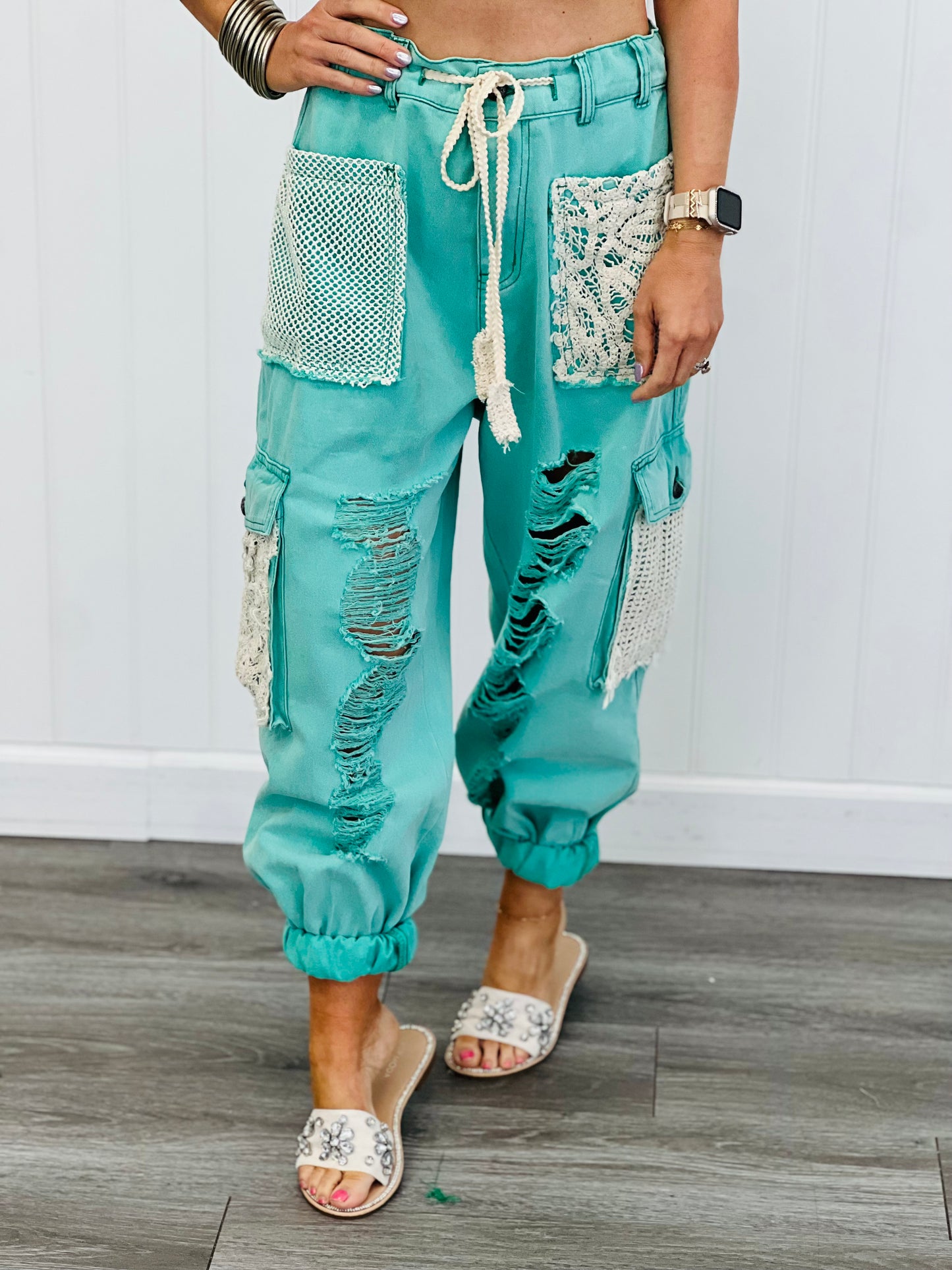 POL Distressed Jungle Green & Lace Jogger Pants (Reg)