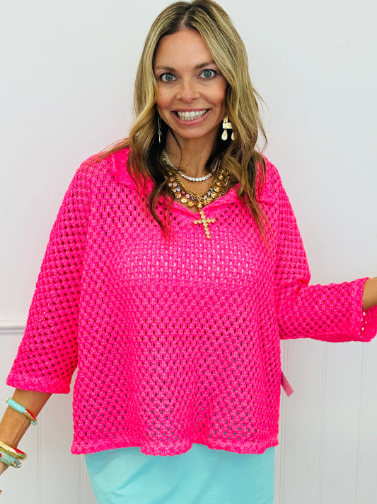 Neon Pink Collared Crochet Top (One Size)