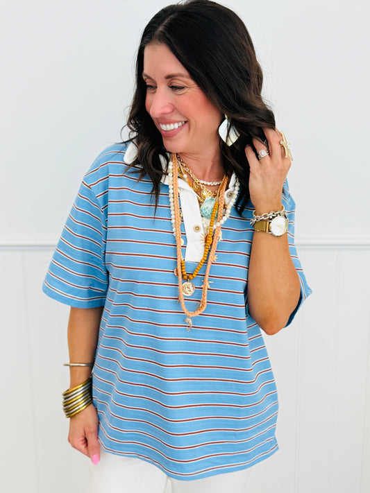 Blue Stiped Contrast Collar Top (Reg.)