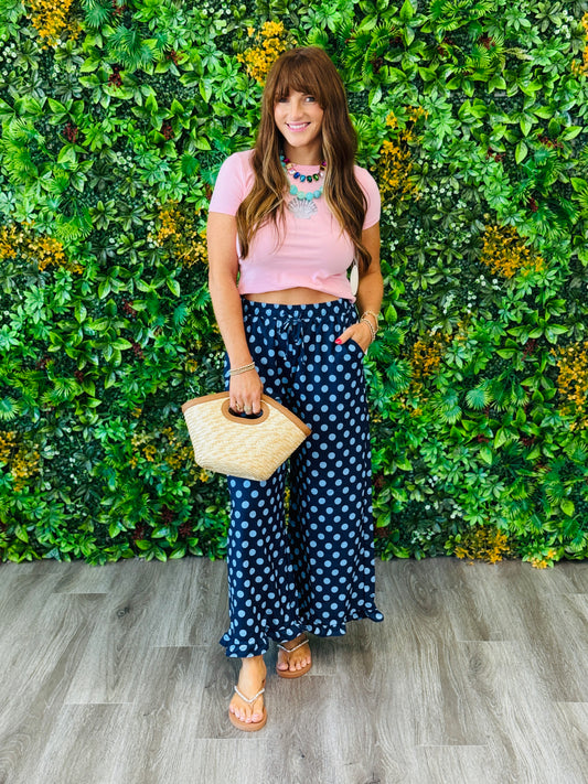 Navy/Blue Polka Dot Ruffle Hem Pants (Reg. and Plus)