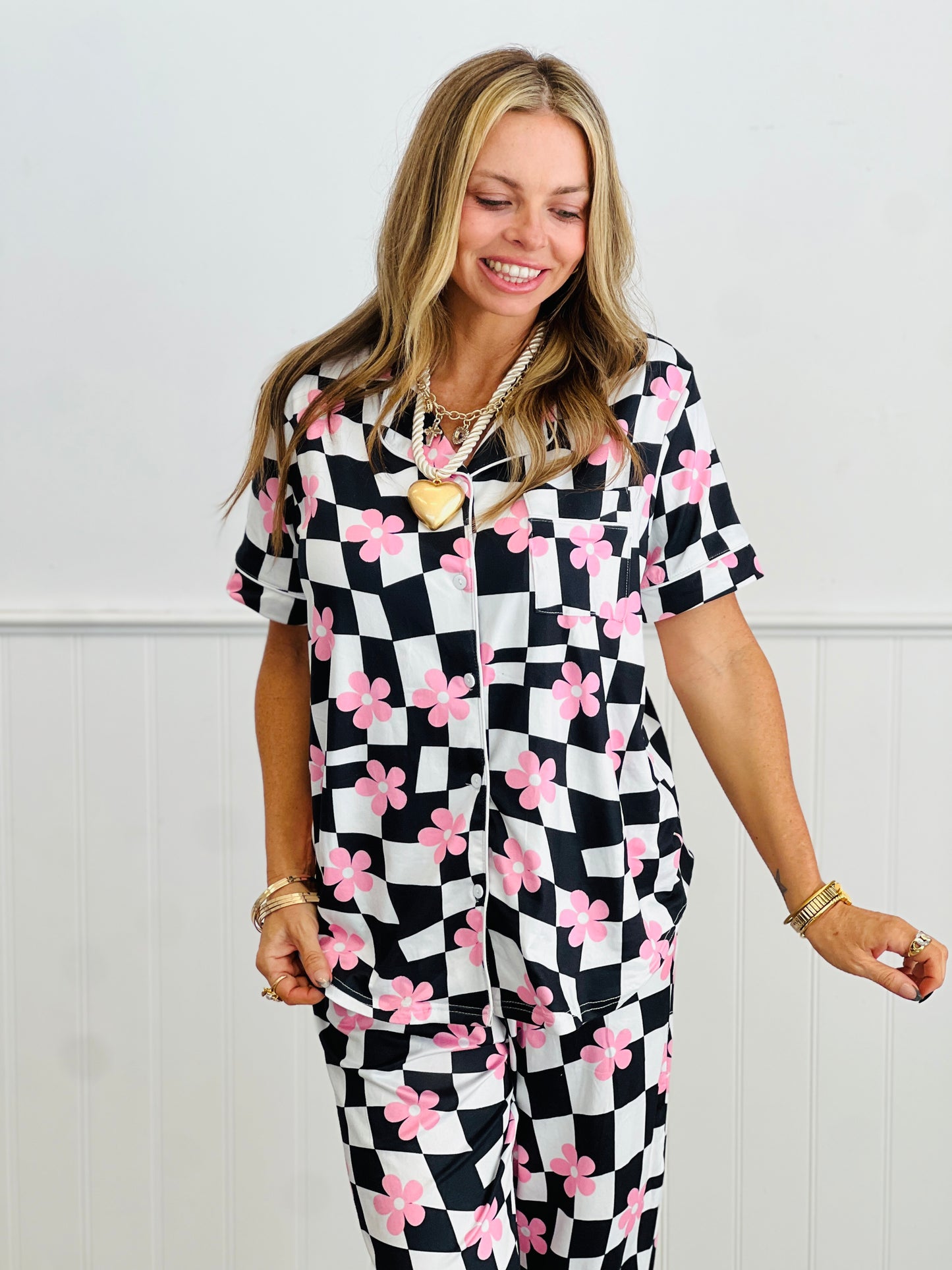 PREORDER - Daisy Check Button Down PJ Pant Set (Reg. & Plus)