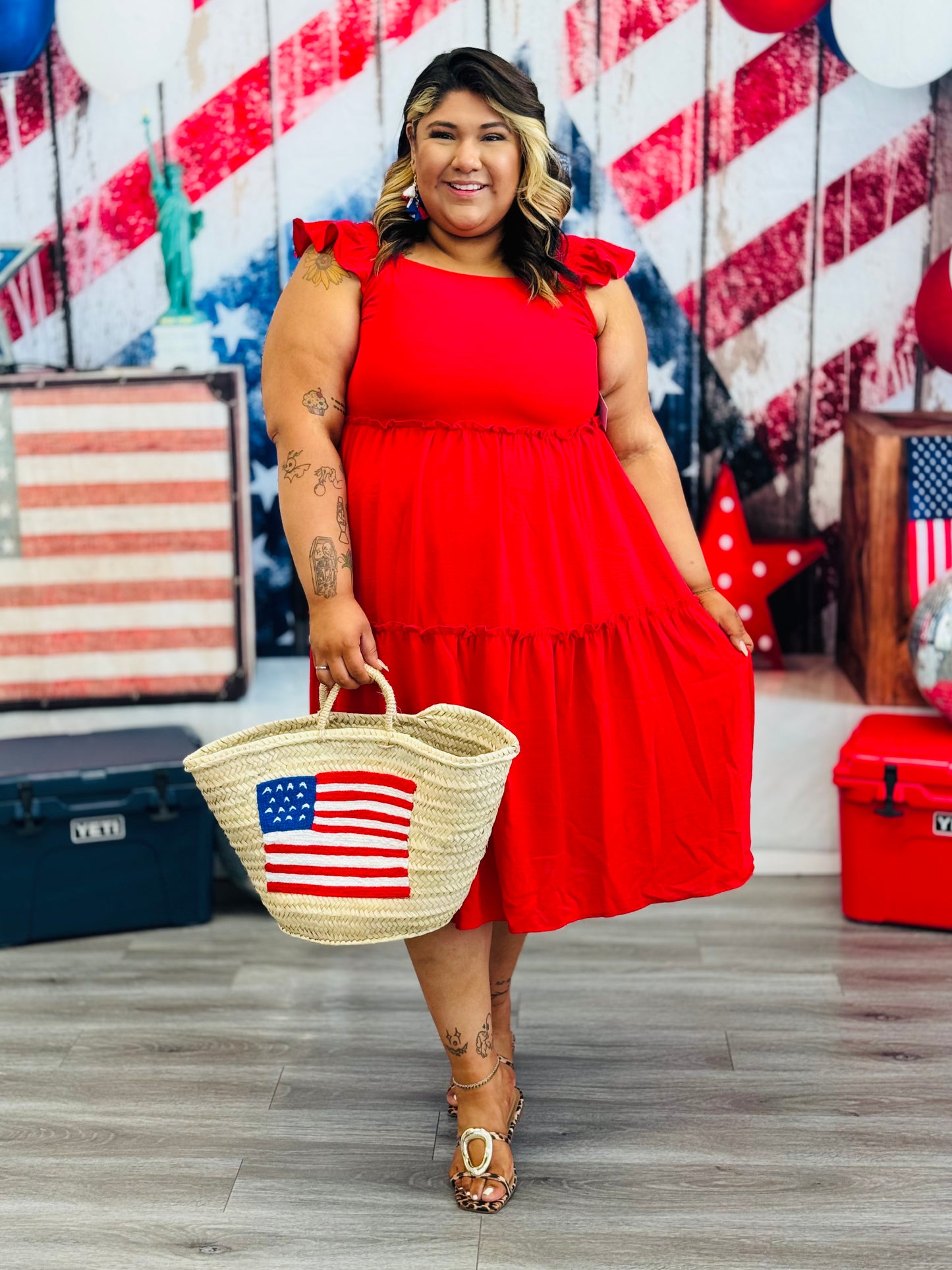 Red Tiered Babydoll Midi Dress (Reg & Plus)