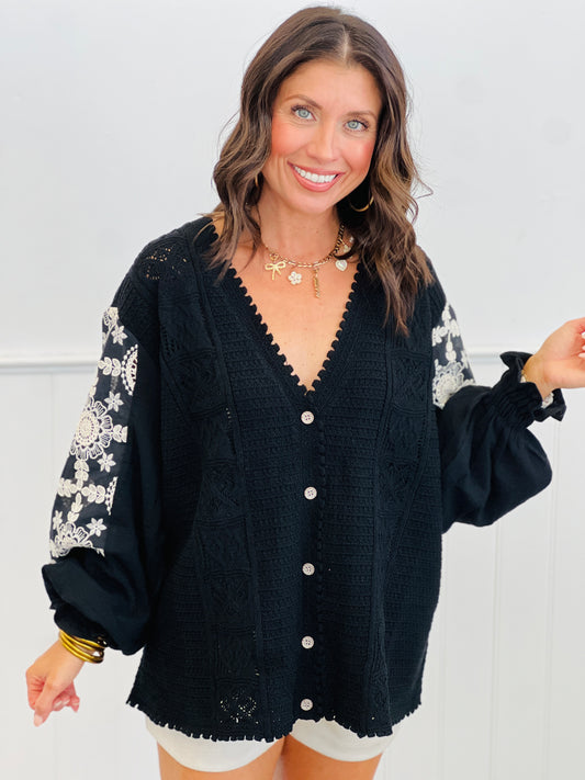 POL Black Crochet Sleeve Chenille Sweater Cardigan (Reg.)