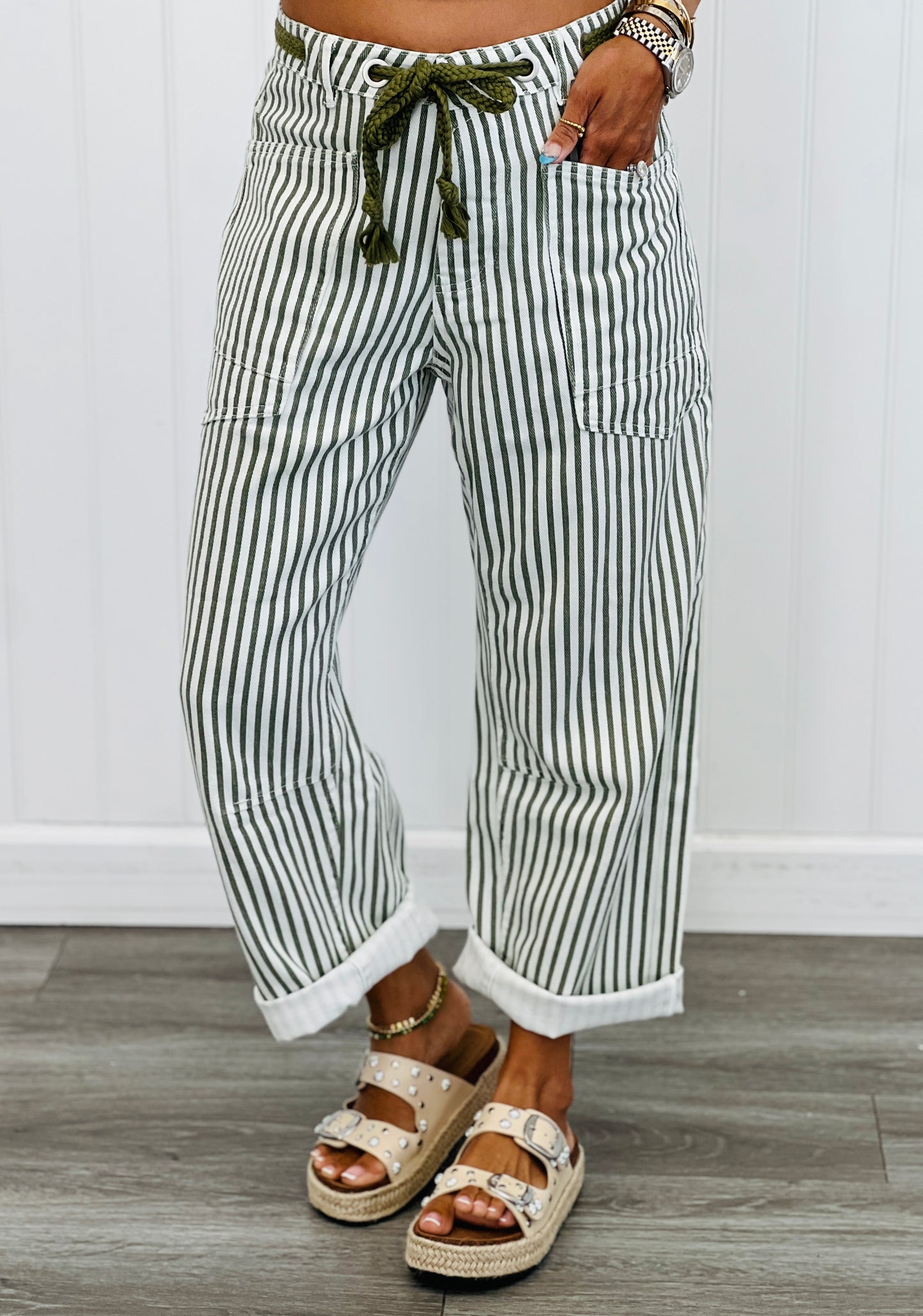 Striped Grommet Waist Denim Barrel Pants (Reg.)-2 Colors