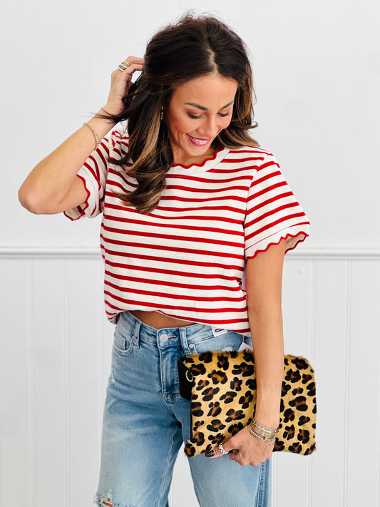 Ivory/Red Stripe Scallop Trim Top (Reg & Plus)