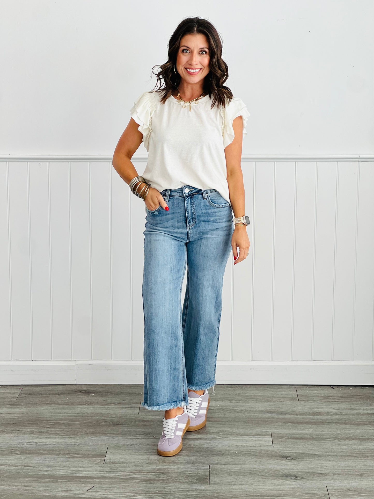 Relaxed Fit Round Neck Ruffle Sleeve Top (Reg. & Plus)- 4 Colors