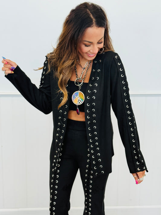 Black Suede Lace Up Cardigan (Reg. and Plus)