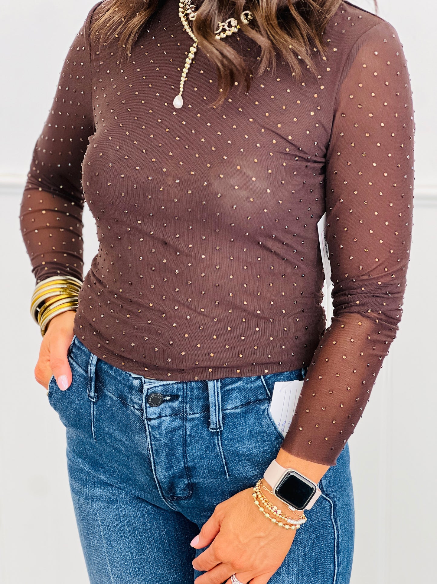 Dark Chocolate Embellished Mesh Mock Neck Top (Reg.)