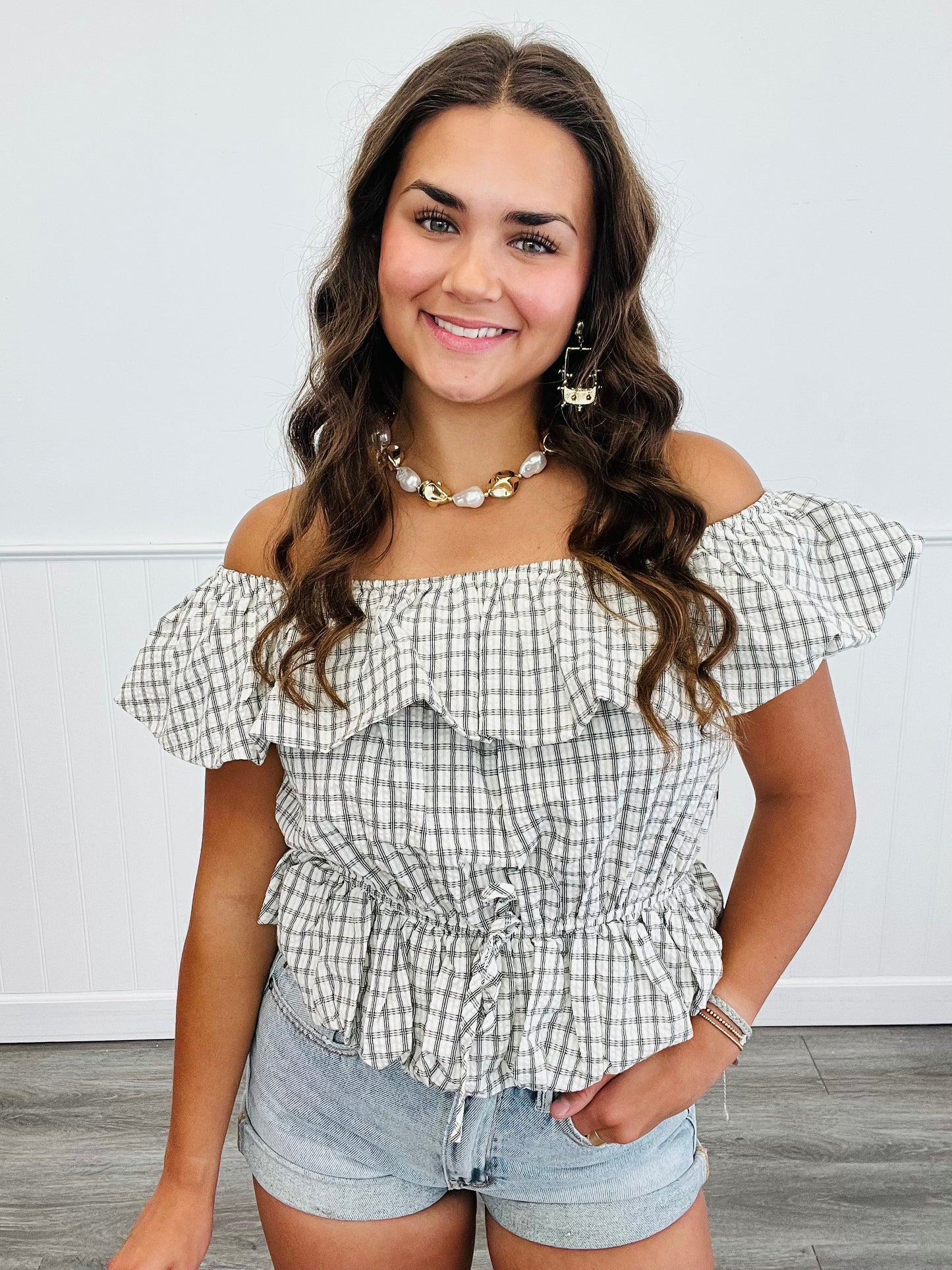 Plaid Off Shoulder Top (Reg.)