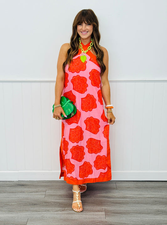 Pink Shell Print Halter Maxi Dress (Reg.)