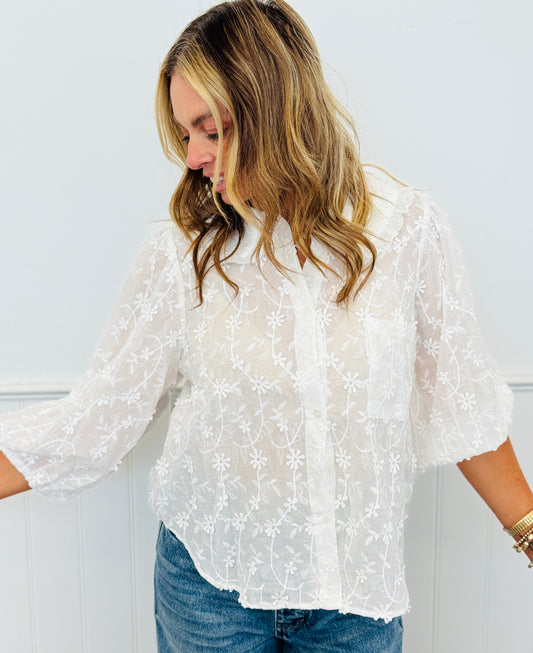 Off White Floral Embroidered Peter Pan Collar Blouse (Reg. & Plus)