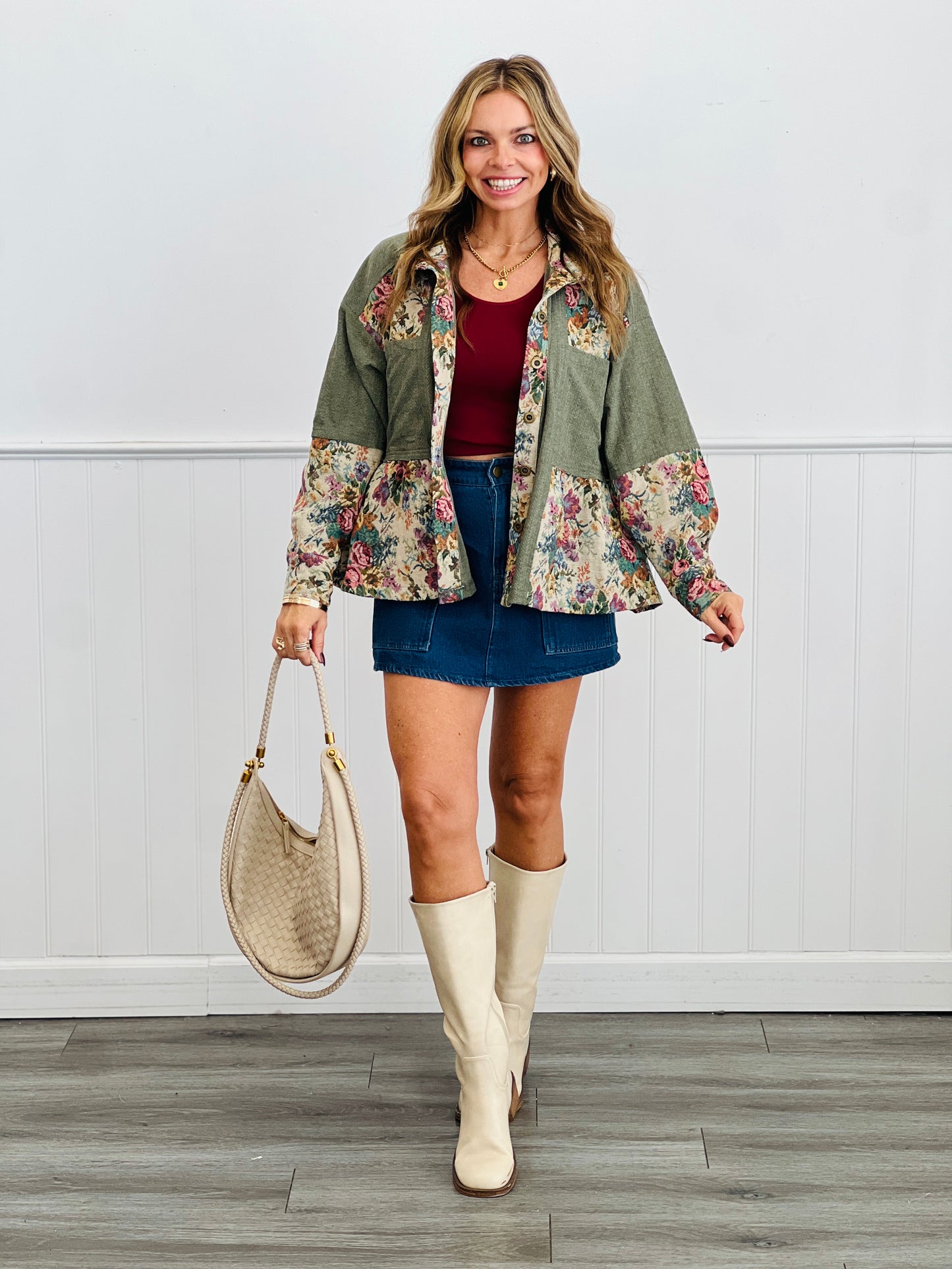 Floral Jacquard Peplum Shirt (Reg & Plus)