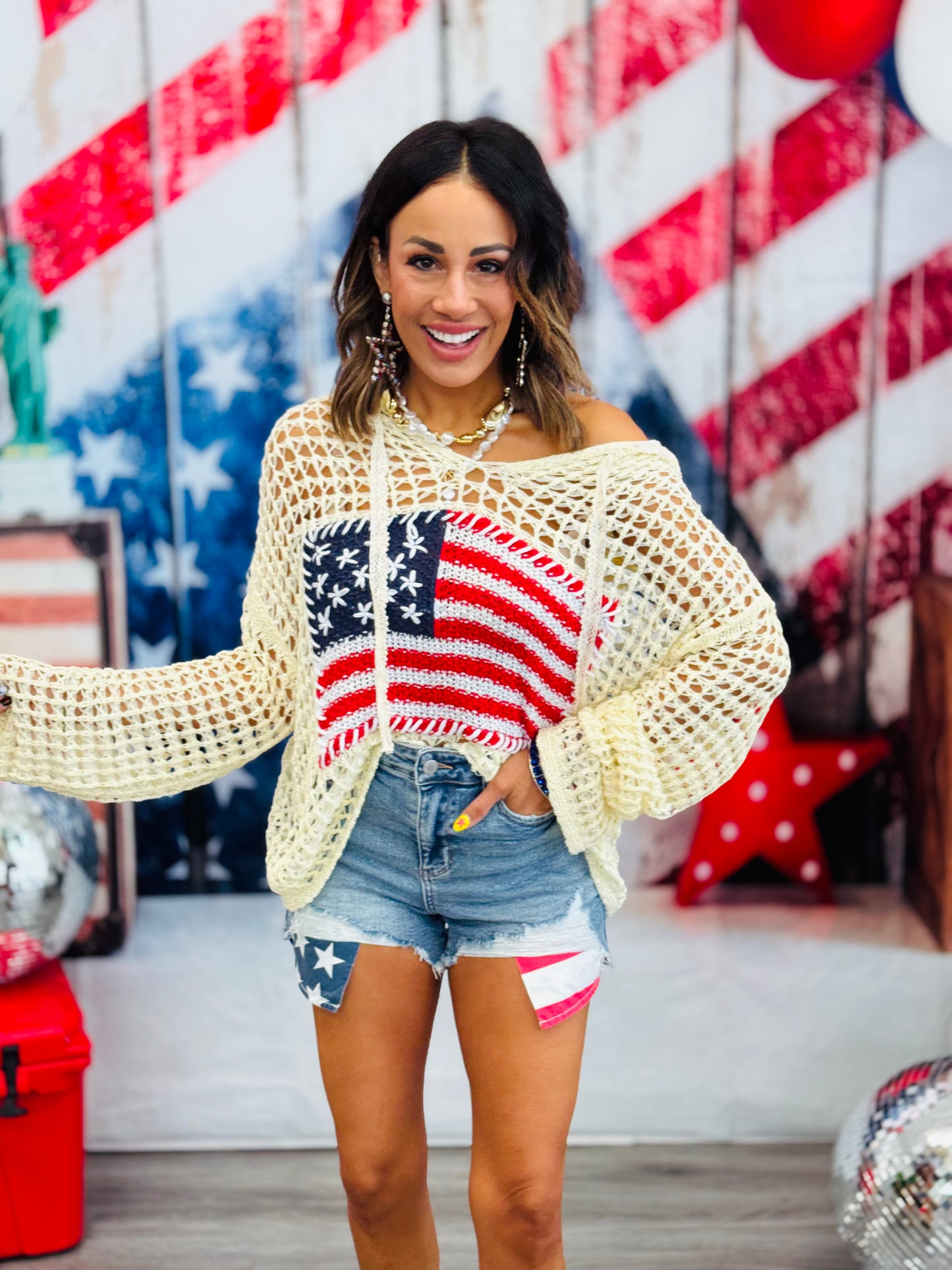 USA Flag Crochet Hoodie Top (Reg.)- 2 Colors