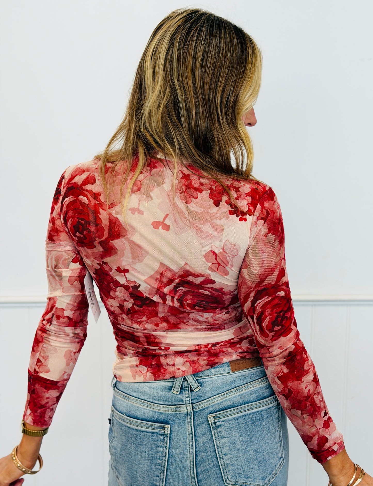 Floral Mesh Side Ruched LS Blouse (Reg. and Plus)