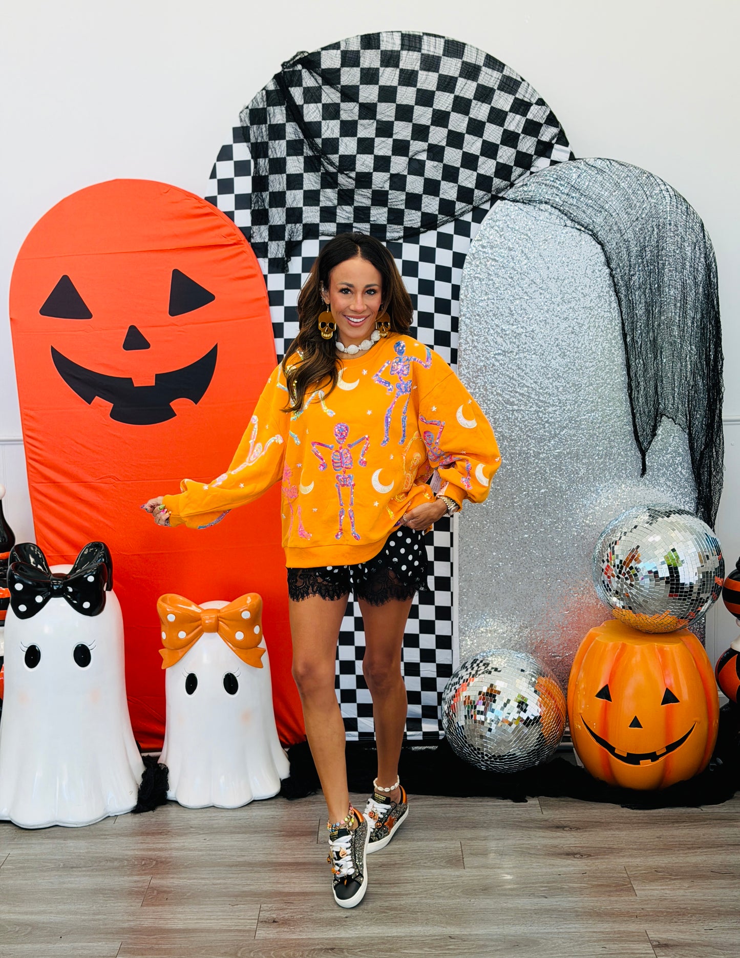 Queen Of Sparkles Orange Dancing Skeleton Sweatshirt (Reg. and Plus)