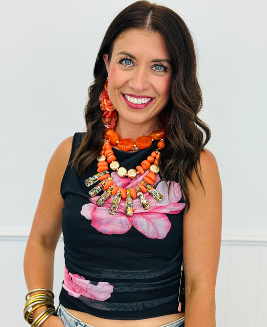 Black/Pink Floral Mesh Side Ruched Top (Reg.)